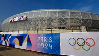 The Nice Stadium with the Olympics logo, one of the venues for the football tournament at Paris 2024.