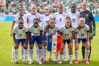 France women Olympics 2024 squad The French team pose for a team photograph before kick-off. (Back row, left to right), Estelle Cascarino #4, Amandine Henry #6, Lea Le Garrec #10, Maelle Lakrar #2, Thiniba Samoura #12, Solene Durand #1. (Front row, left to right), Sandy Baltimore #17, Vicki Becho #23, Selma Bacha #13, Eve Perisset #22, Julie Dufour #18 during the Republic of Ireland V France, UEFA Womens Euro Qualifier at Páirc Uí Chaoimh on July 16th, 2024 in Cork, Ireland. (Photo by Tim Clayton/Corbis via Getty Images)