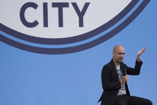 Mancehster City manager Pep Guardiola speaks to supporters on the day of his presentation as manager in July 2016.