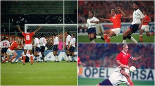 UTCH STRIKER DENNIS BERGKAMP SCORES HOLLAND's SECOND GOAL IN THEIR 2-0 DEFEAT OF ENGLAND. Mandatory Credit: Shaun Botterill/ALLSPORT England Netherlands Euro 2024