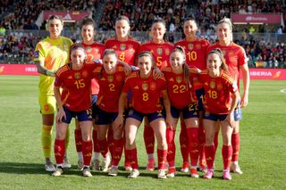 Spain women Olympics 2024 squad Spain's players pose prior the UEFA Women's Euro 2025 group A qualifying round day 2 football match between Spain and Czech Republic at El Plantio stadium, in Burgos on April 9, 2024. (Photo by CESAR MANSO / AFP) (Photo by CESAR MANSO/AFP via Getty Images)