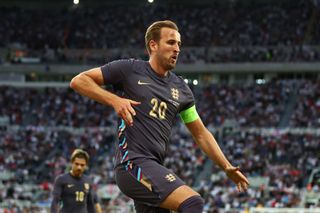 Harry Kane of England celebrates scoring the third goal during the international friendly match between England and Bosnia & Herzegovina at St James' Park on June 3, 2024 in Newcastle upon Tyne, England.