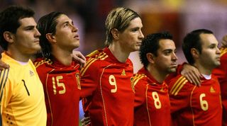 Iker Casillas, Sergio Ramos, Fernando Torres, Xavi and Andres Iniesta line up for Spain ahead of a friendly against England in February 2009.