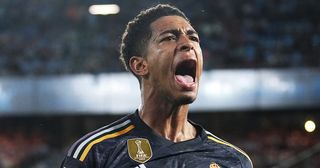 Jude Bellingham of Real Madrid celebrates after scoring the team's first goal during the LaLiga EA Sports match between Celta Vigo and Real Madrid CF at Estadio Balaidos on August 25, 2023 in Vigo, Spain.