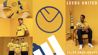 Leeds United players model their new 2024/25 yellow kit which features their old badge from the 1970s